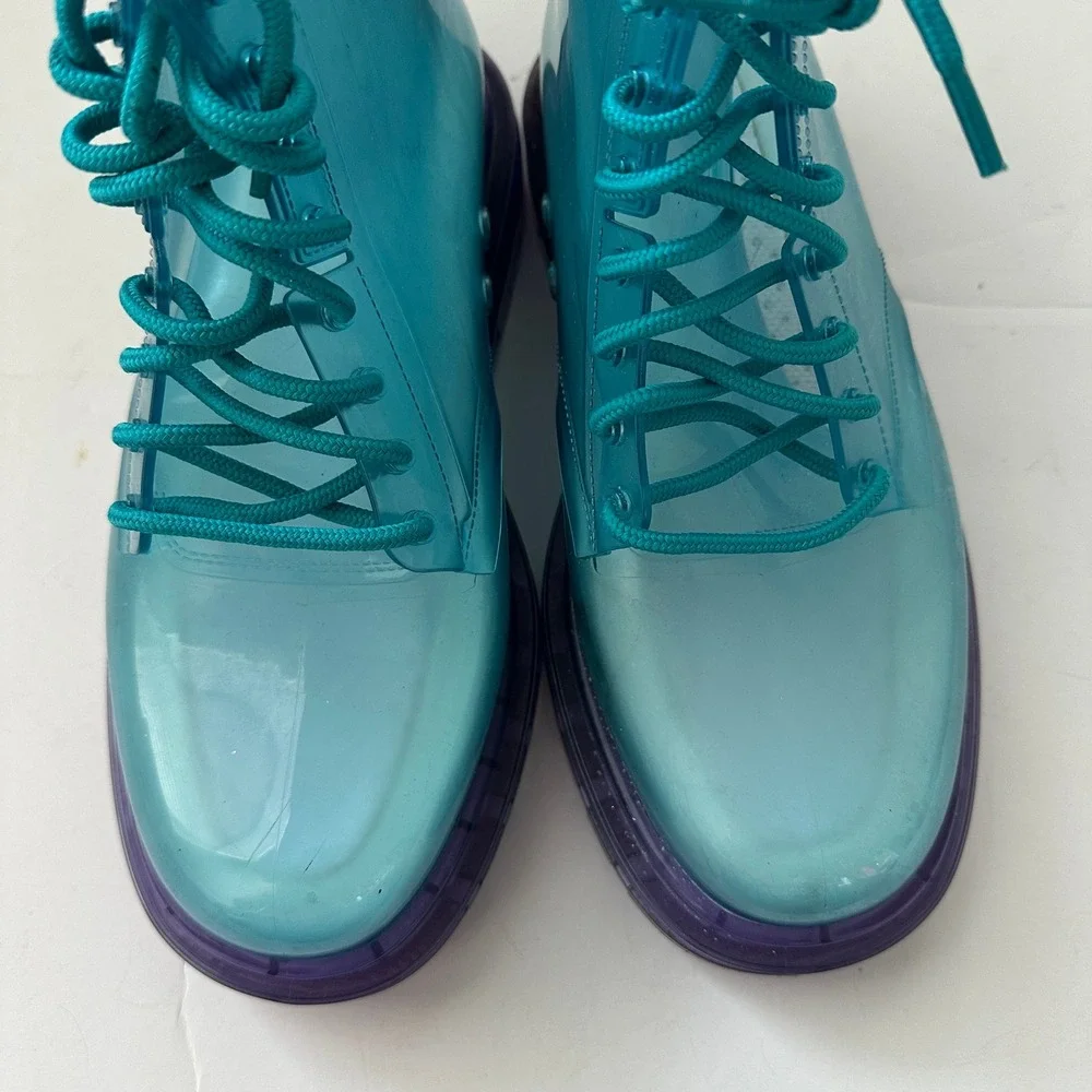 Melissa Coturno Teal Blue Purple Translucent Jelly Combat Boots Women's Size 7 - Picture 3 of 8